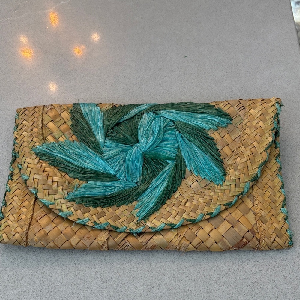 Vintage Woven Raffia Straw Clutch with Teal and Green Accents